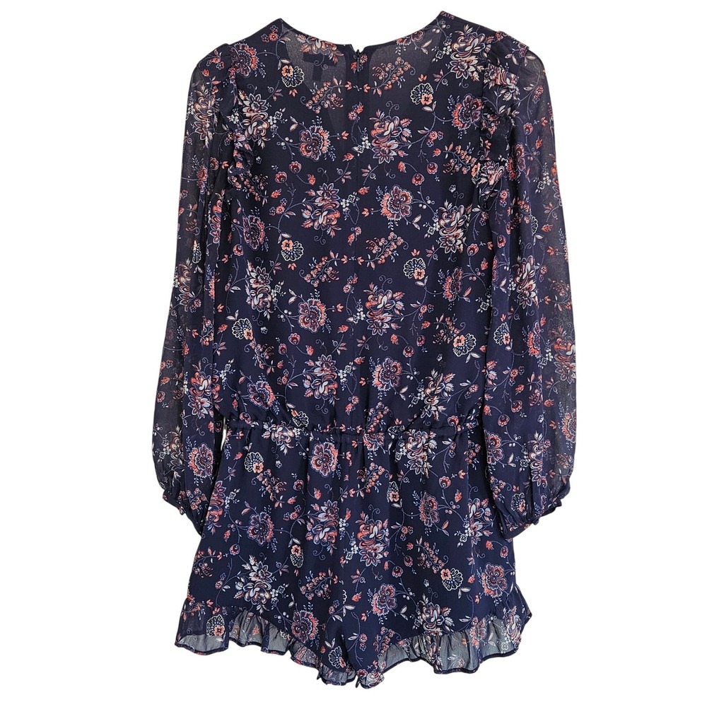 Joie Women Cherita Silk Floral Romper S Blue Sheer Long Sleeve Drawstring Waist - Picture 8 of 10